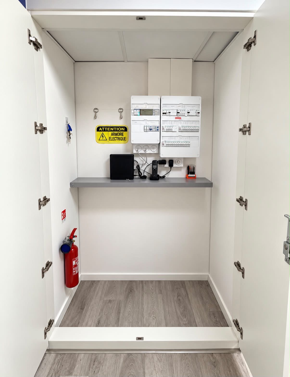 Armoire électrique ouverte avec tableaux et appareillages